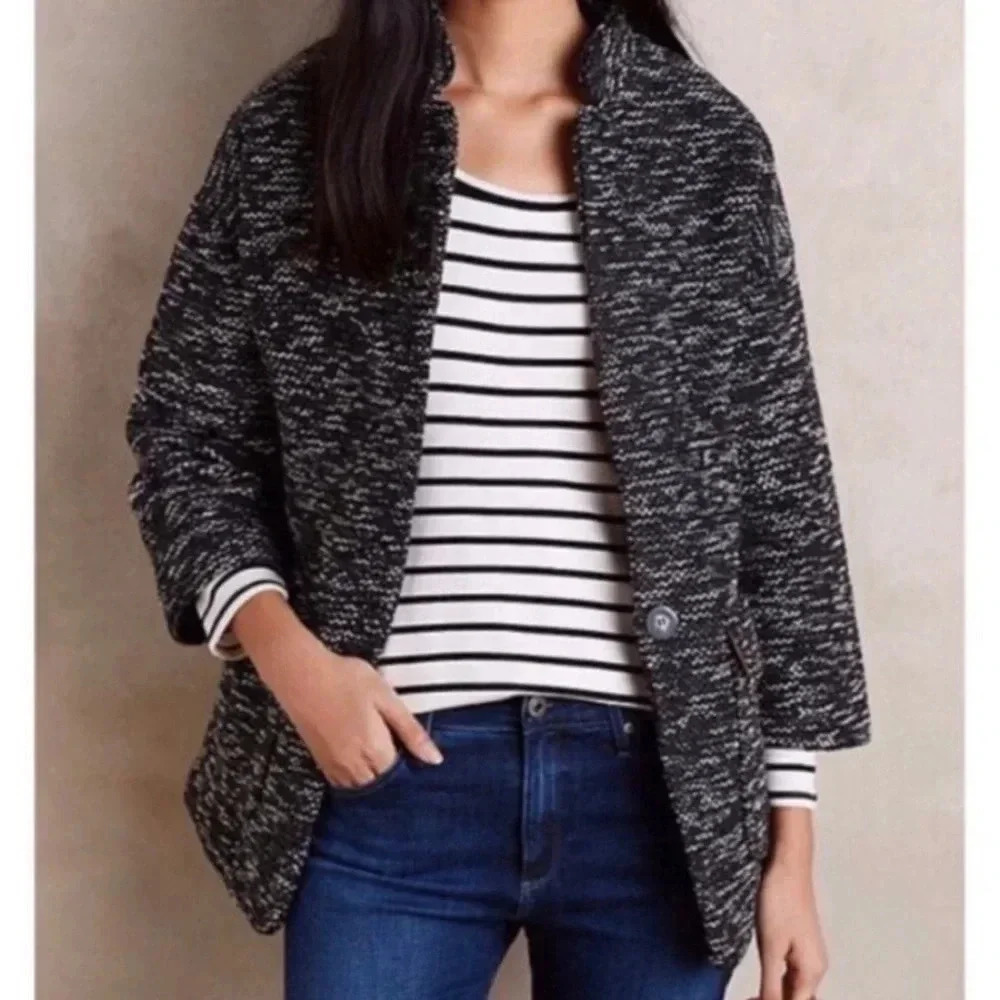 Anthropologie Elevenses Minka Tweed Cocoon Jacket Black White Medium